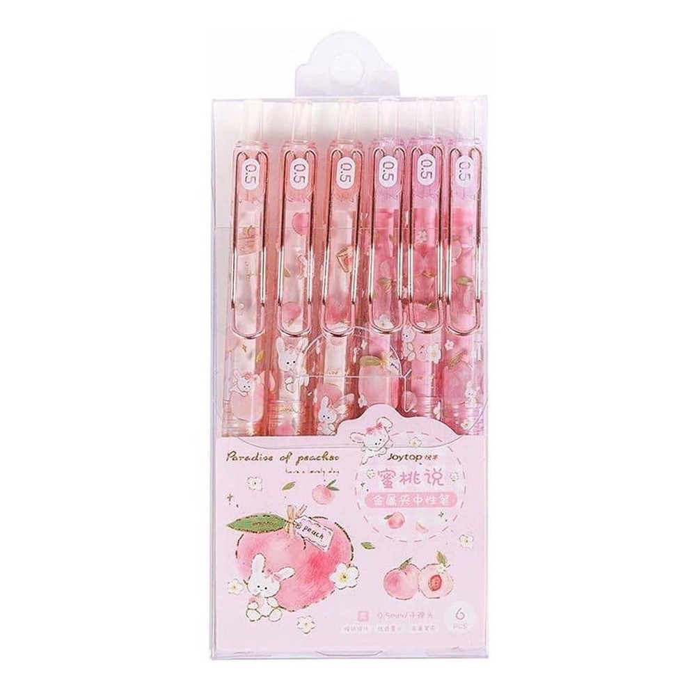 Joytop Peaches 6pc Gel Pen Set 0.5mm Black Ink Bunny Kawaii Stationery